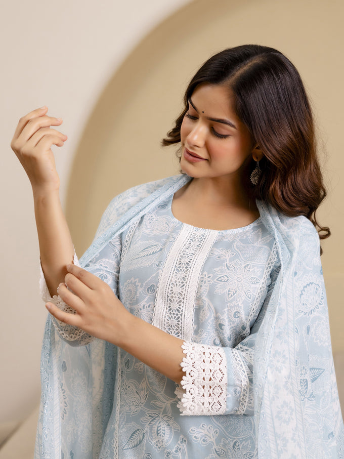 Skyblue Pure Cotton Paisley & Floral All-Over Print Kurta Pant with Dupatta Set Trendmalls