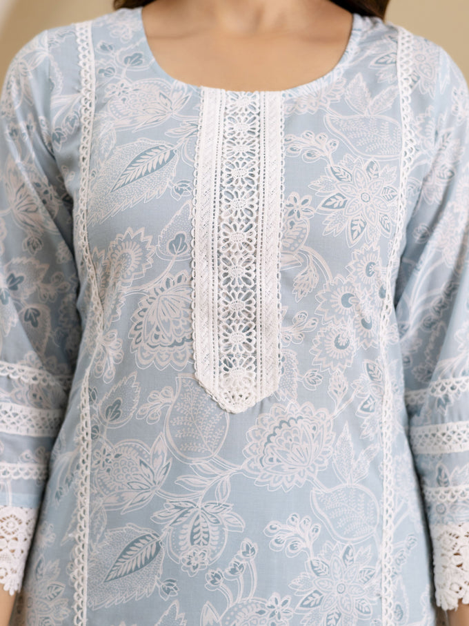 Skyblue Pure Cotton Paisley & Floral All-Over Print Kurta Pant with Dupatta Set Trendmalls