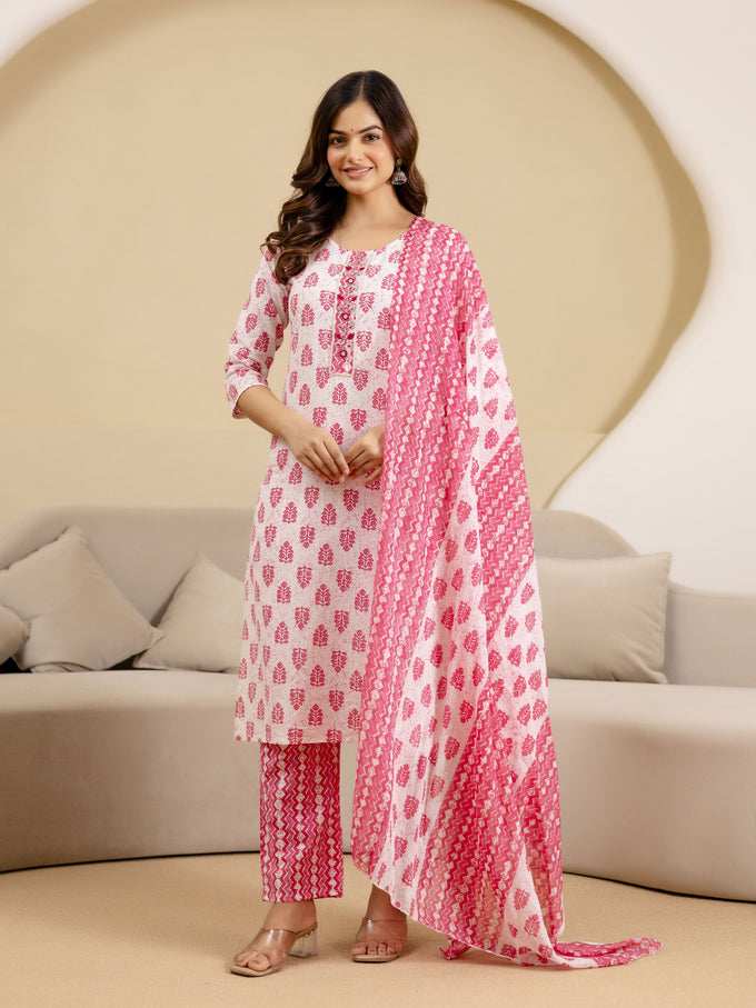 Pink Pure Cotton Embroidery Work Floral Printed Kurta Pant with Dupatta Set Trendmalls