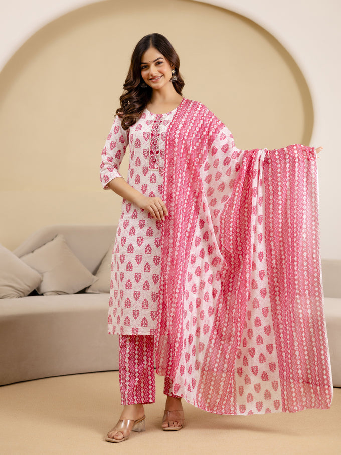 Pink Pure Cotton Embroidery Work Floral Printed Kurta Pant with Dupatta Set Trendmalls