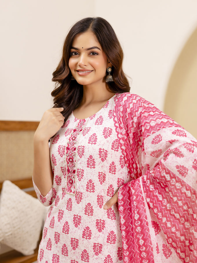 Pink Pure Cotton Embroidery Work Floral Printed Kurta Pant with Dupatta Set Trendmalls