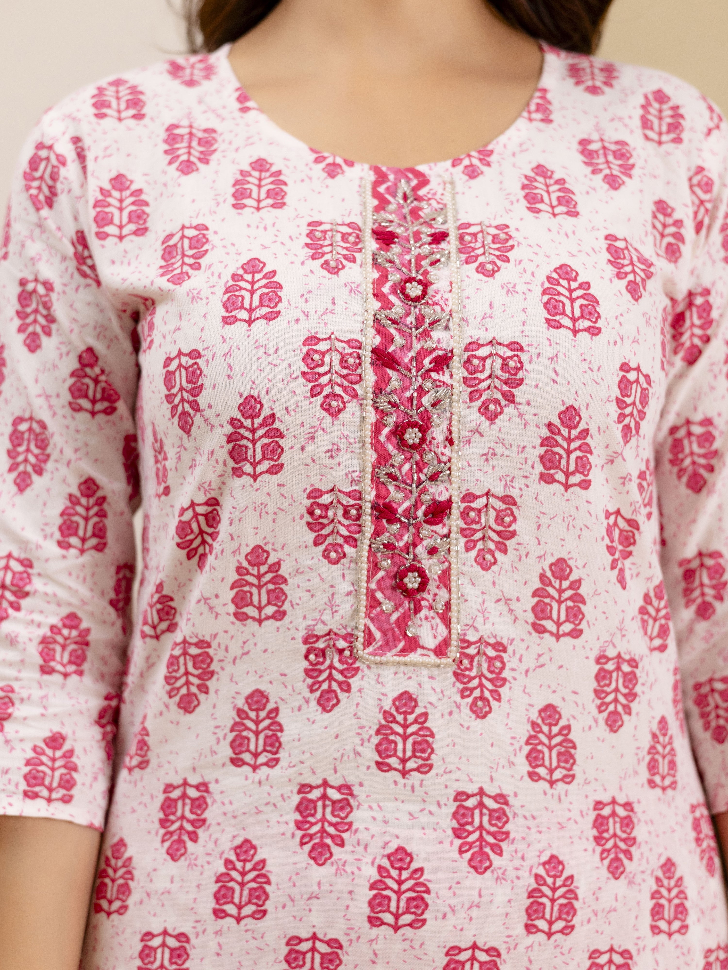 Pink Pure Cotton Embroidery Work Floral Printed Kurta Pant with Dupatta Set Trendmalls