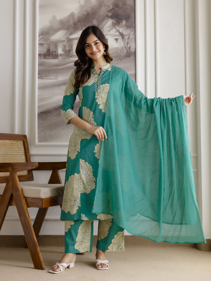 Green Pure Cotton Large Floral Print Kurta Pant with Dupatta Set Trendmalls