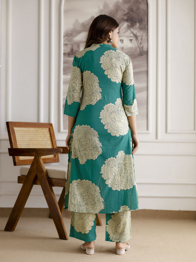 Green Pure Cotton Large Floral Print Kurta Pant with Dupatta Set Trendmalls