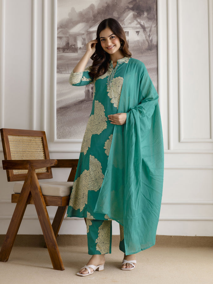 Green Pure Cotton Large Floral Print Kurta Pant with Dupatta Set Trendmalls