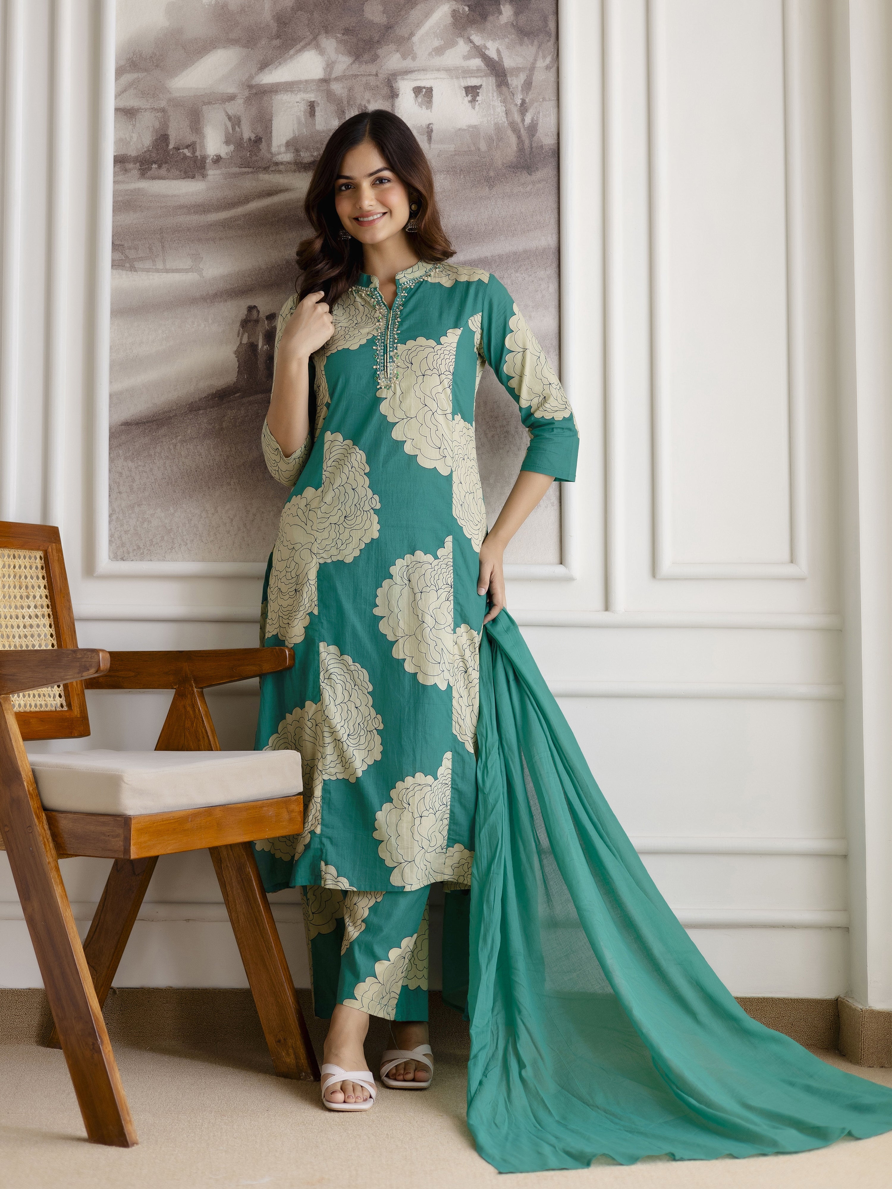 Green Pure Cotton Large Floral Print Kurta Pant with Dupatta Set Trendmalls