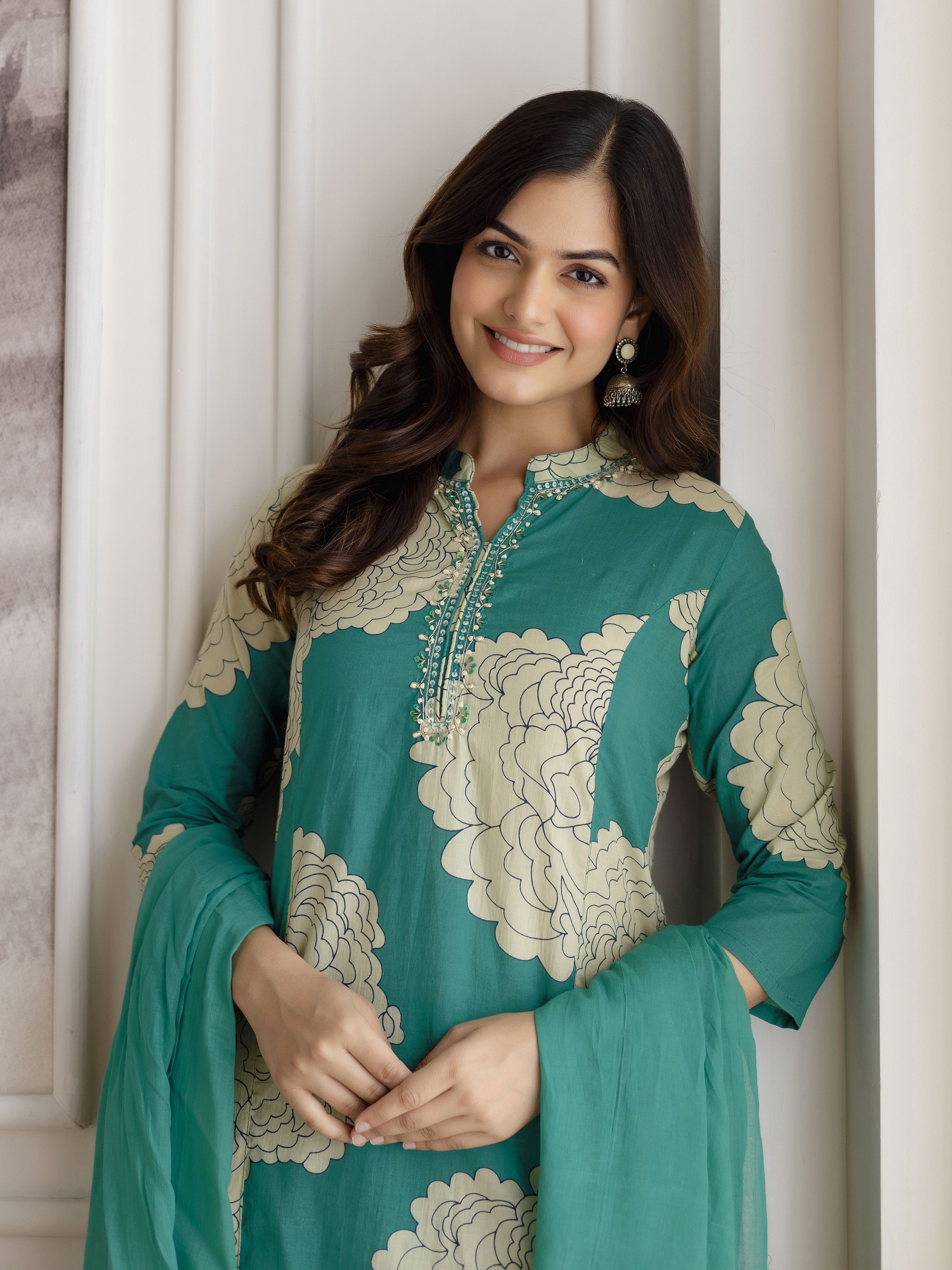 Green Pure Cotton Large Floral Print Kurta Pant with Dupatta Set Trendmalls