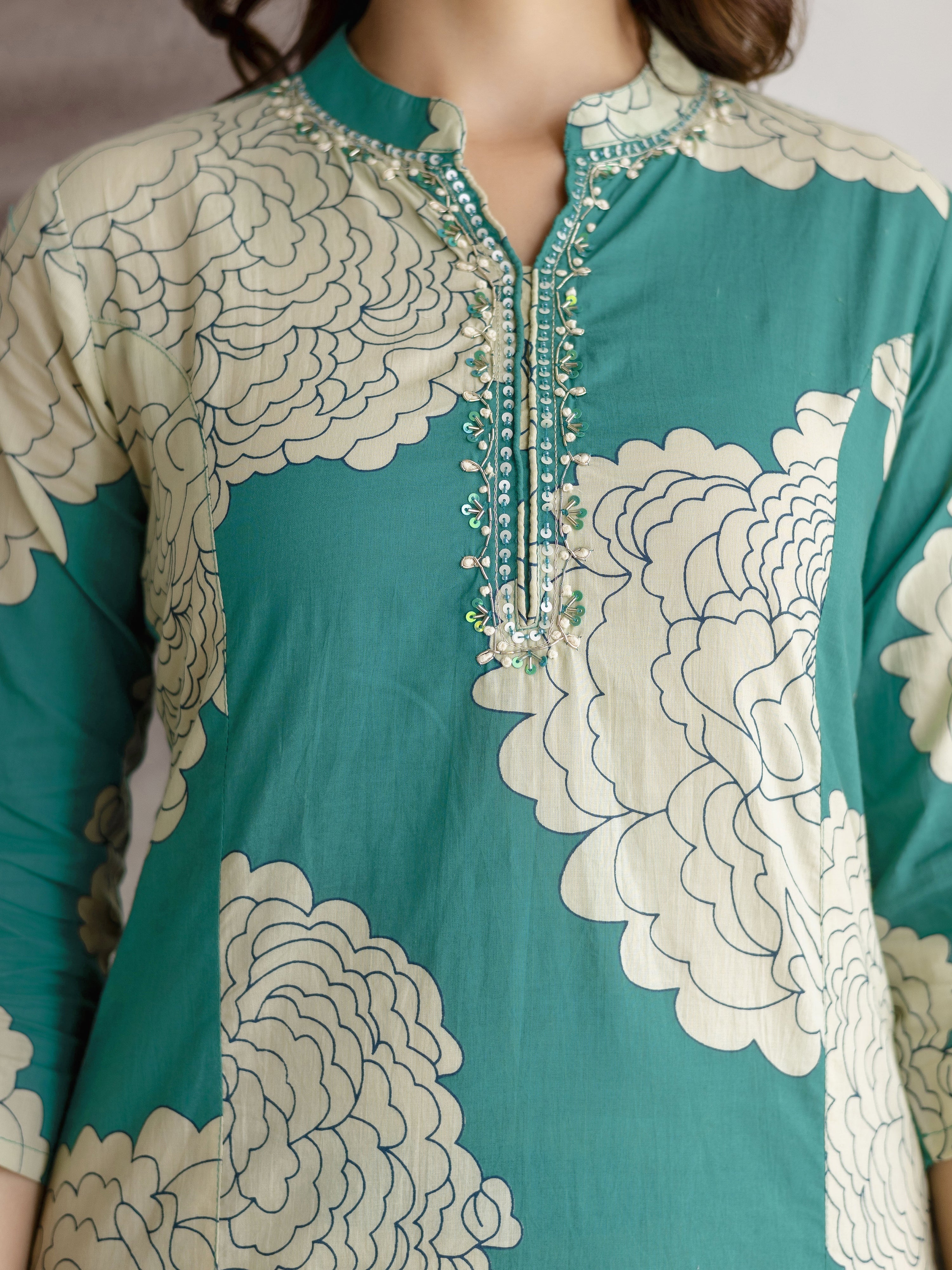 Green Pure Cotton Large Floral Print Kurta Pant with Dupatta Set Trendmalls