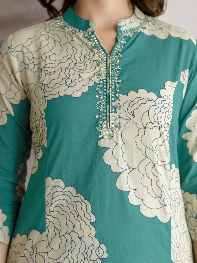 Green Pure Cotton Large Floral Print Kurta Pant with Dupatta Set Trendmalls