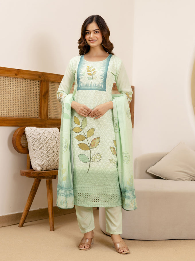 LightGreen Pure Cotton Lakhnavi Embroidery Leaf Print Kurta Pant with Dupatta Set Trendmalls