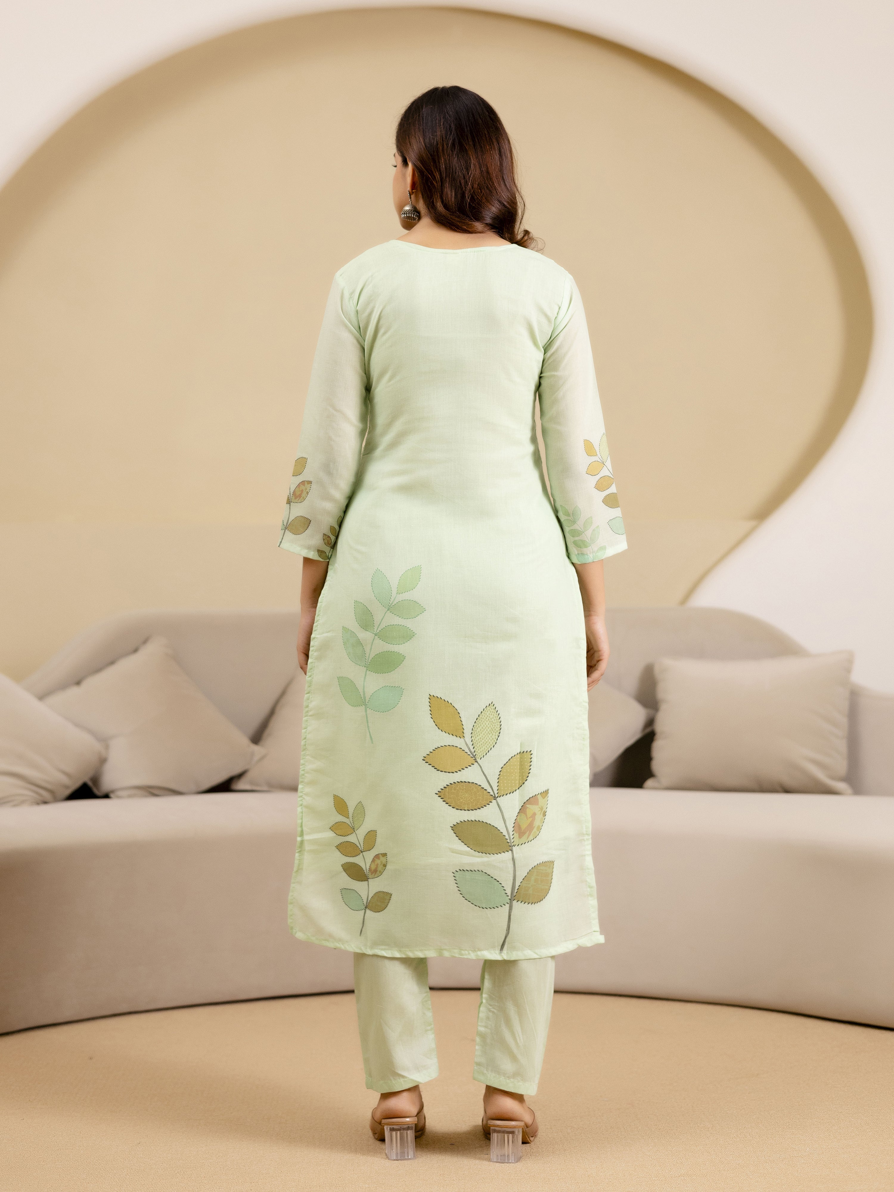 LightGreen Pure Cotton Lakhnavi Embroidery Leaf Print Kurta Pant with Dupatta Set Trendmalls