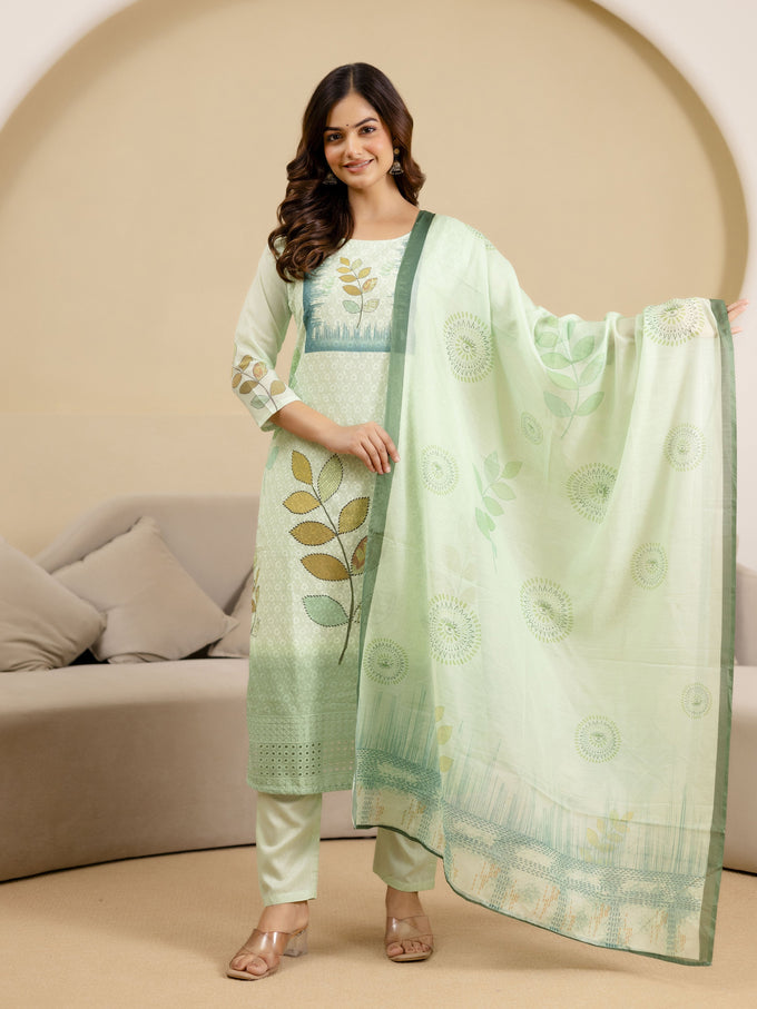 LightGreen Pure Cotton Lakhnavi Embroidery Leaf Print Kurta Pant with Dupatta Set Trendmalls