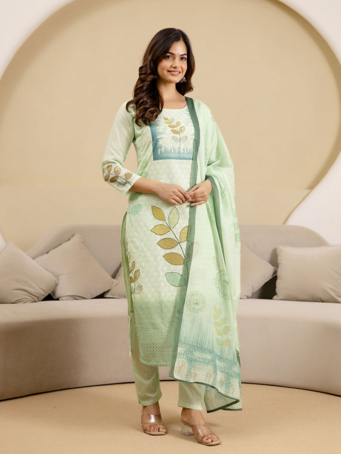 LightGreen Pure Cotton Lakhnavi Embroidery Leaf Print Kurta Pant with Dupatta Set Trendmalls