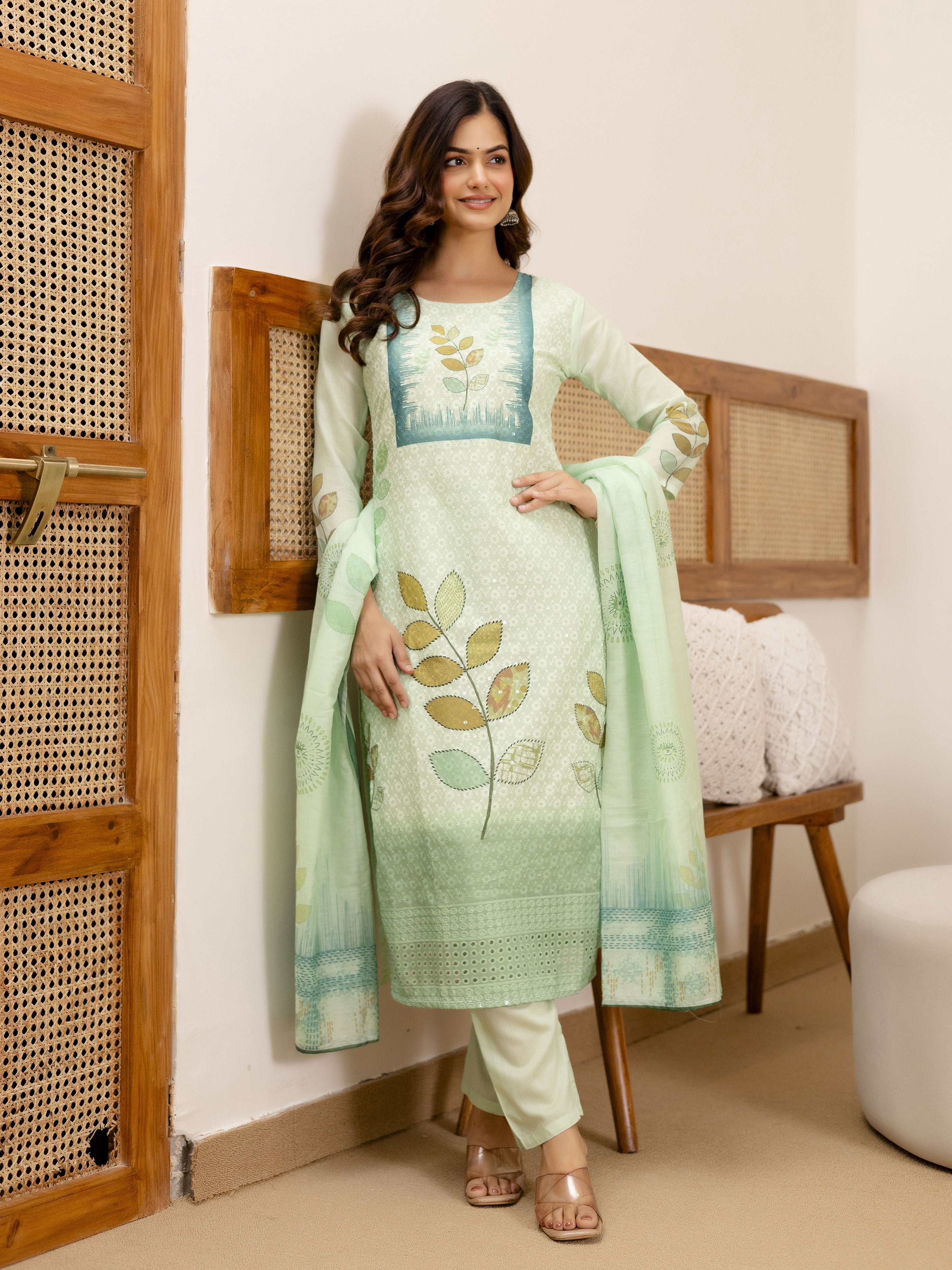 LightGreen Pure Cotton Lakhnavi Embroidery Leaf Print Kurta Pant with Dupatta Set Trendmalls