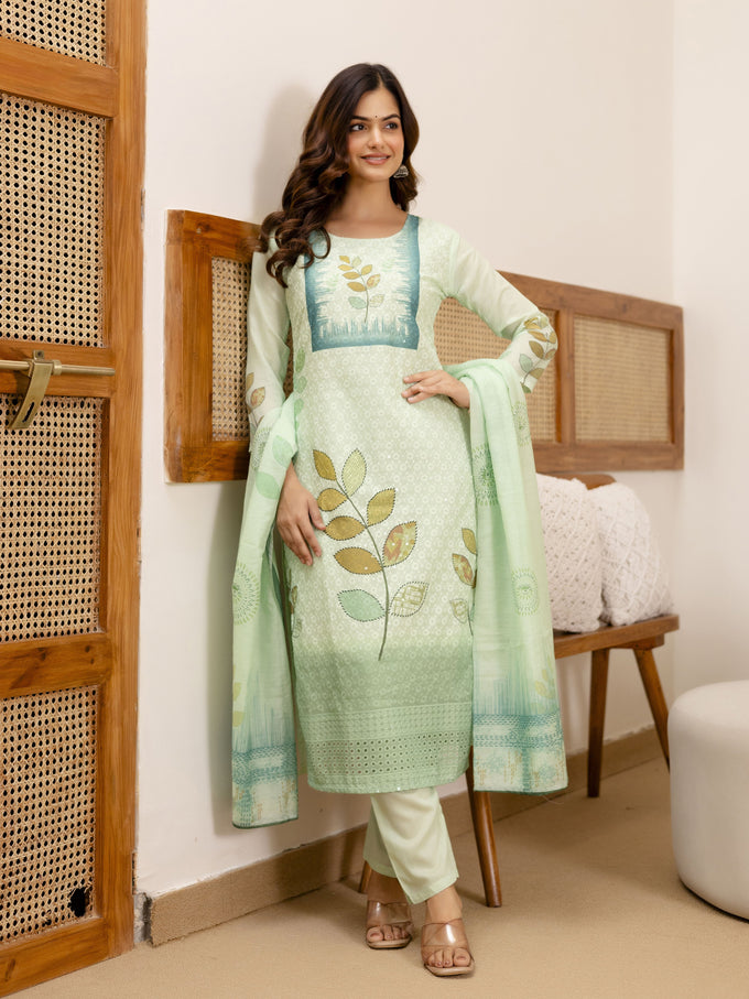 LightGreen Pure Cotton Lakhnavi Embroidery Leaf Print Kurta Pant with Dupatta Set Trendmalls