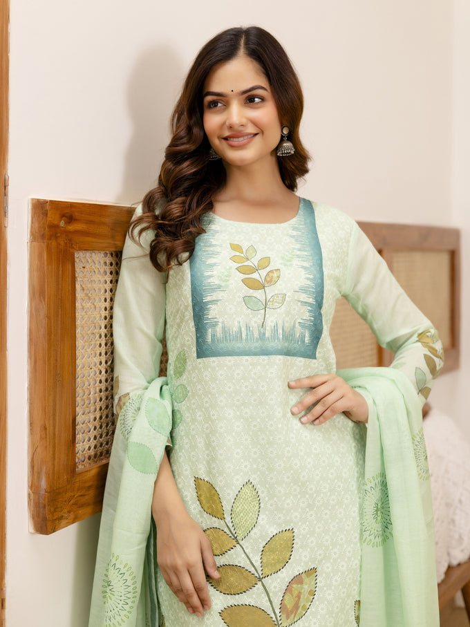 LightGreen Pure Cotton Lakhnavi Embroidery Leaf Print Kurta Pant with Dupatta Set Trendmalls