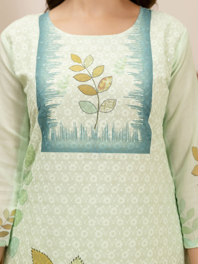 LightGreen Pure Cotton Lakhnavi Embroidery Leaf Print Kurta Pant with Dupatta Set Trendmalls
