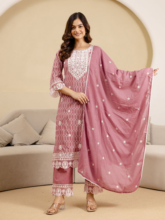 Peach Pure Cotton Embroidery Geometric Print Kurta Pant with Dupatta Set Trendmalls