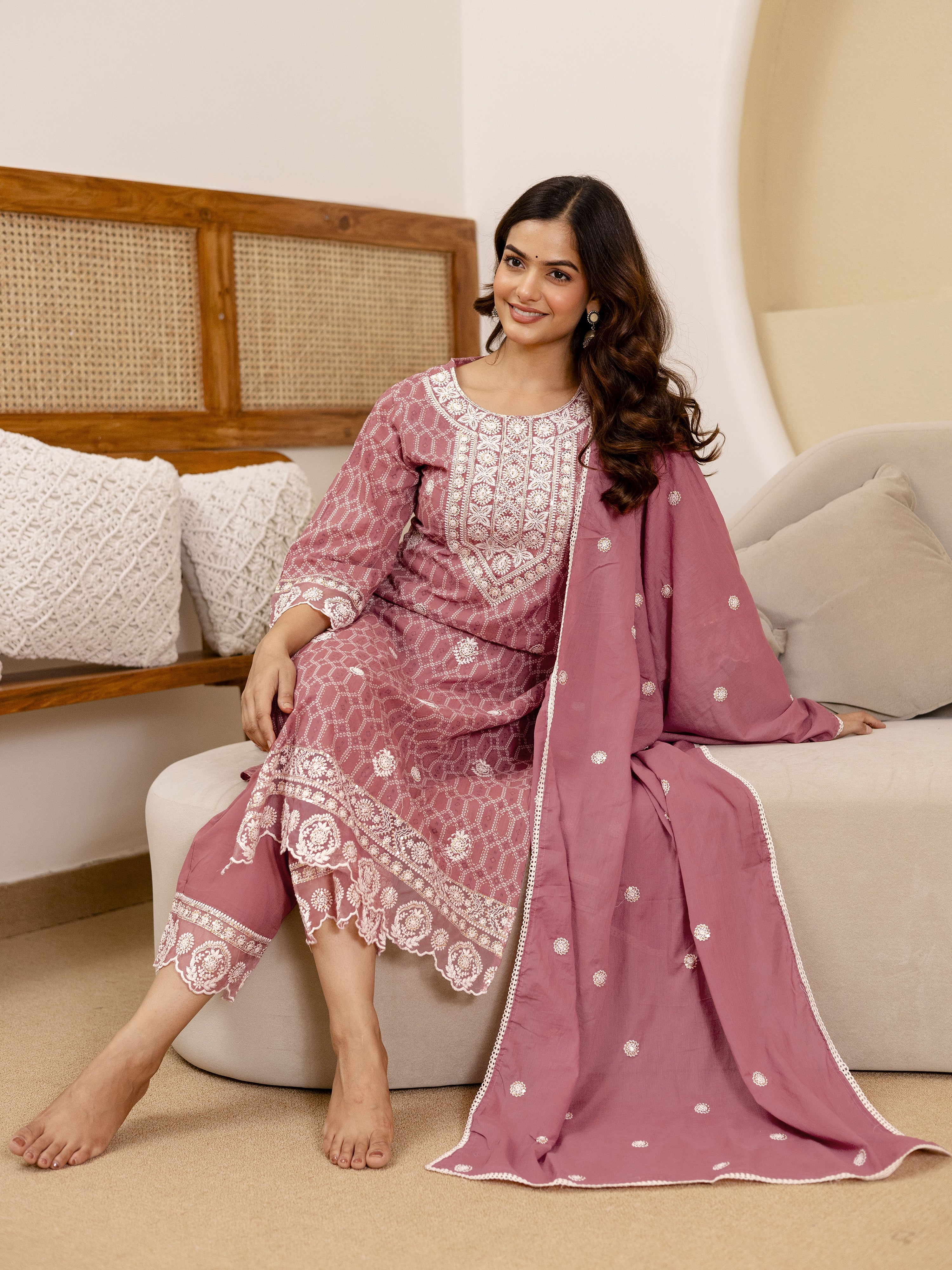 Peach Pure Cotton Embroidery Geometric Print Kurta Pant with Dupatta Set Trendmalls