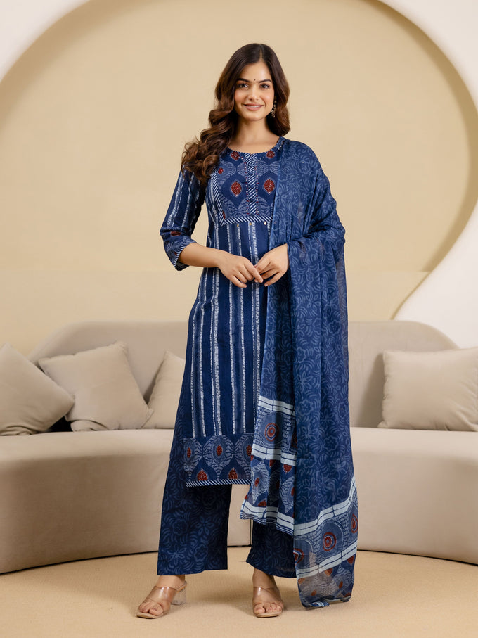 Blue Pure Cotton Ajrakh Stripe Pattern Print Kurta Pant with Dupatta Set Trendmalls