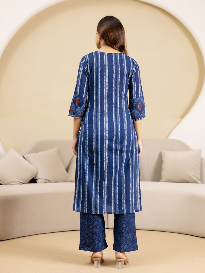 Blue Pure Cotton Ajrakh Stripe Pattern Print Kurta Pant with Dupatta Set Trendmalls