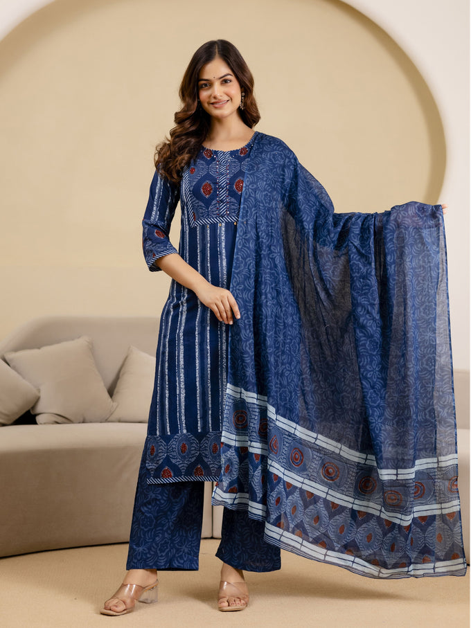 Blue Pure Cotton Ajrakh Stripe Pattern Print Kurta Pant with Dupatta Set Trendmalls