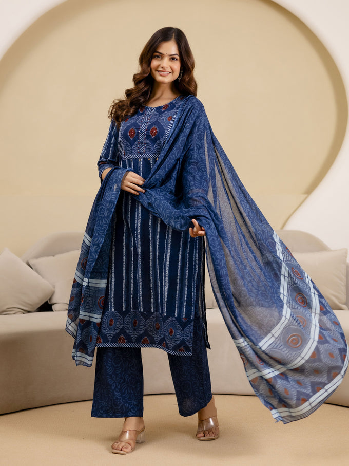 Blue Pure Cotton Ajrakh Stripe Pattern Print Kurta Pant with Dupatta Set Trendmalls