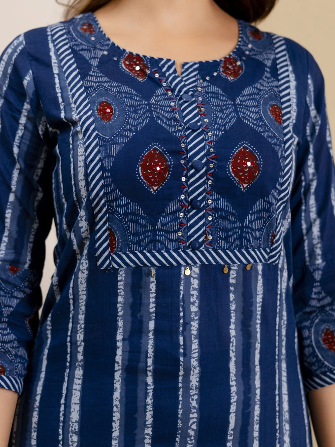 Blue Pure Cotton Ajrakh Stripe Pattern Print Kurta Pant with Dupatta Set Trendmalls