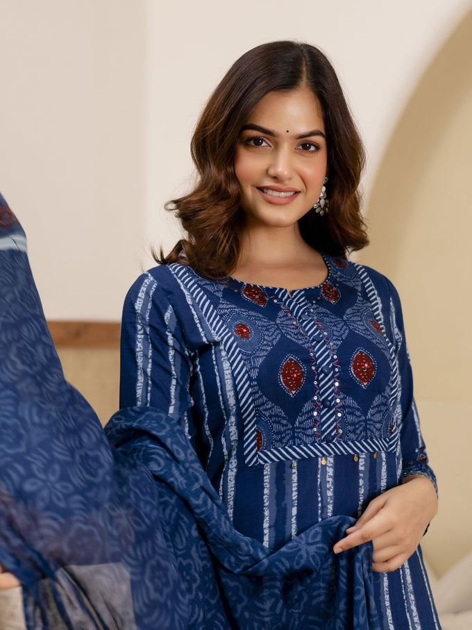 Blue Pure Cotton Ajrakh Stripe Pattern Print Kurta Pant with Dupatta Set Trendmalls