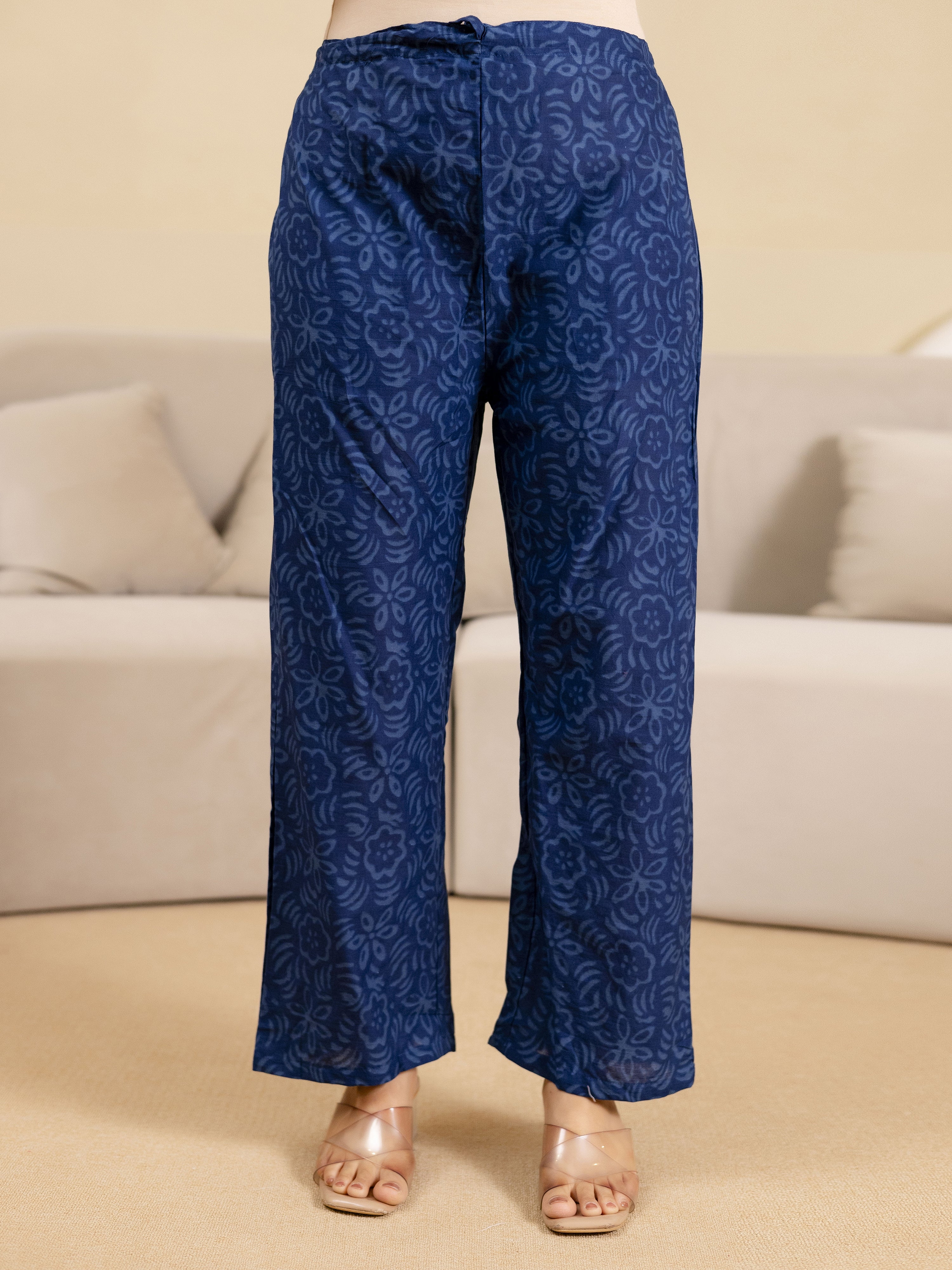Blue Pure Cotton Ajrakh Stripe Pattern Print Kurta Pant with Dupatta Set Trendmalls