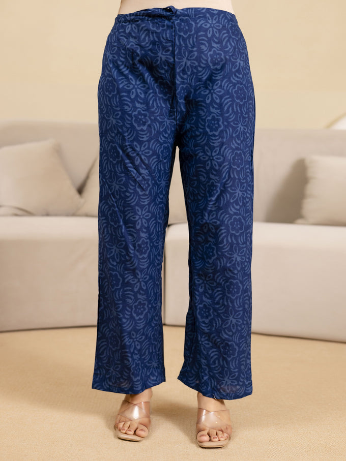 Blue Pure Cotton Ajrakh Stripe Pattern Print Kurta Pant with Dupatta Set Trendmalls