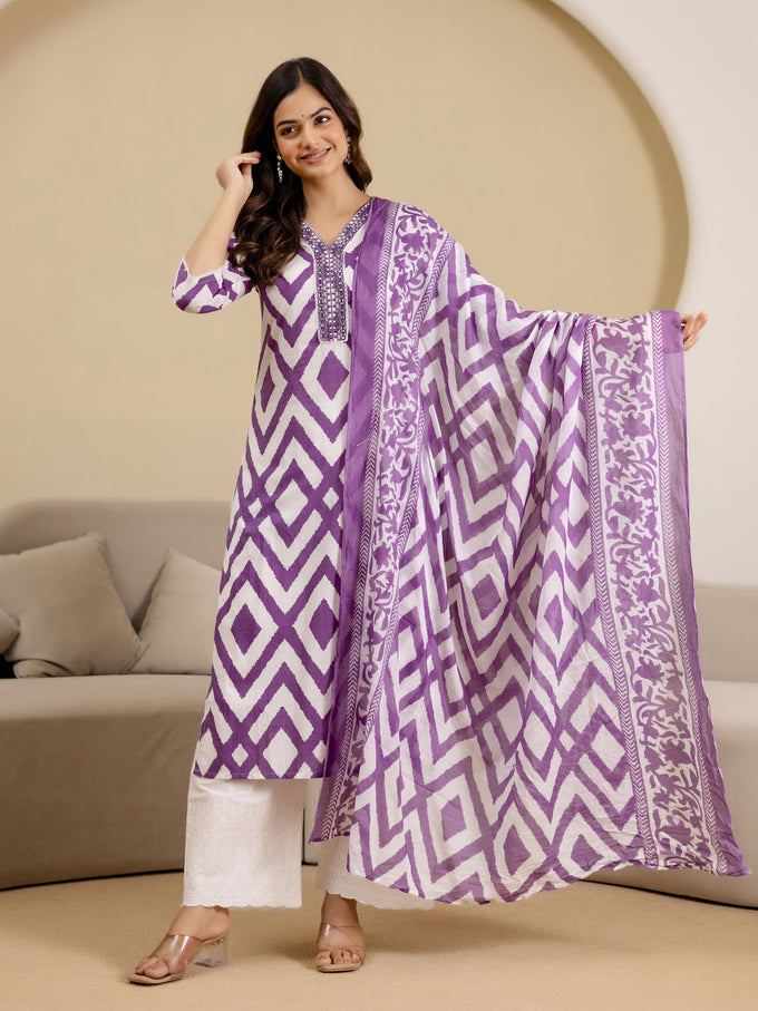 Light Purple Cotton Embroidery Work Kurta Pant Set with Dupatta Salwar Suit Set Trendmalls