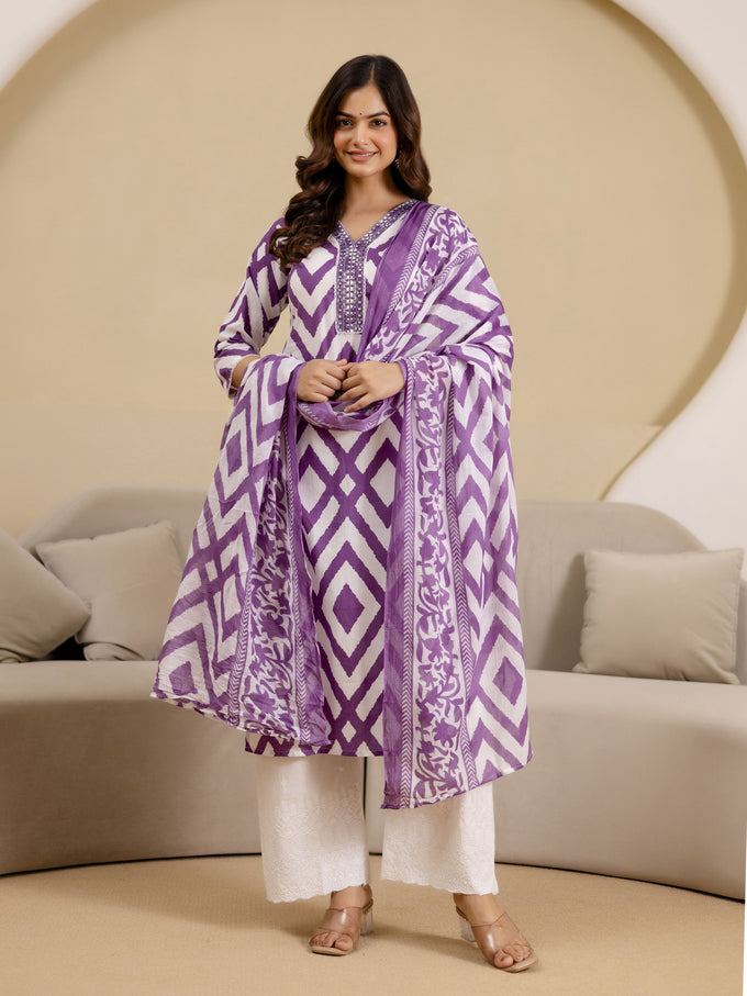 Light Purple Cotton Embroidery Work Kurta Pant Set with Dupatta Salwar Suit Set Trendmalls