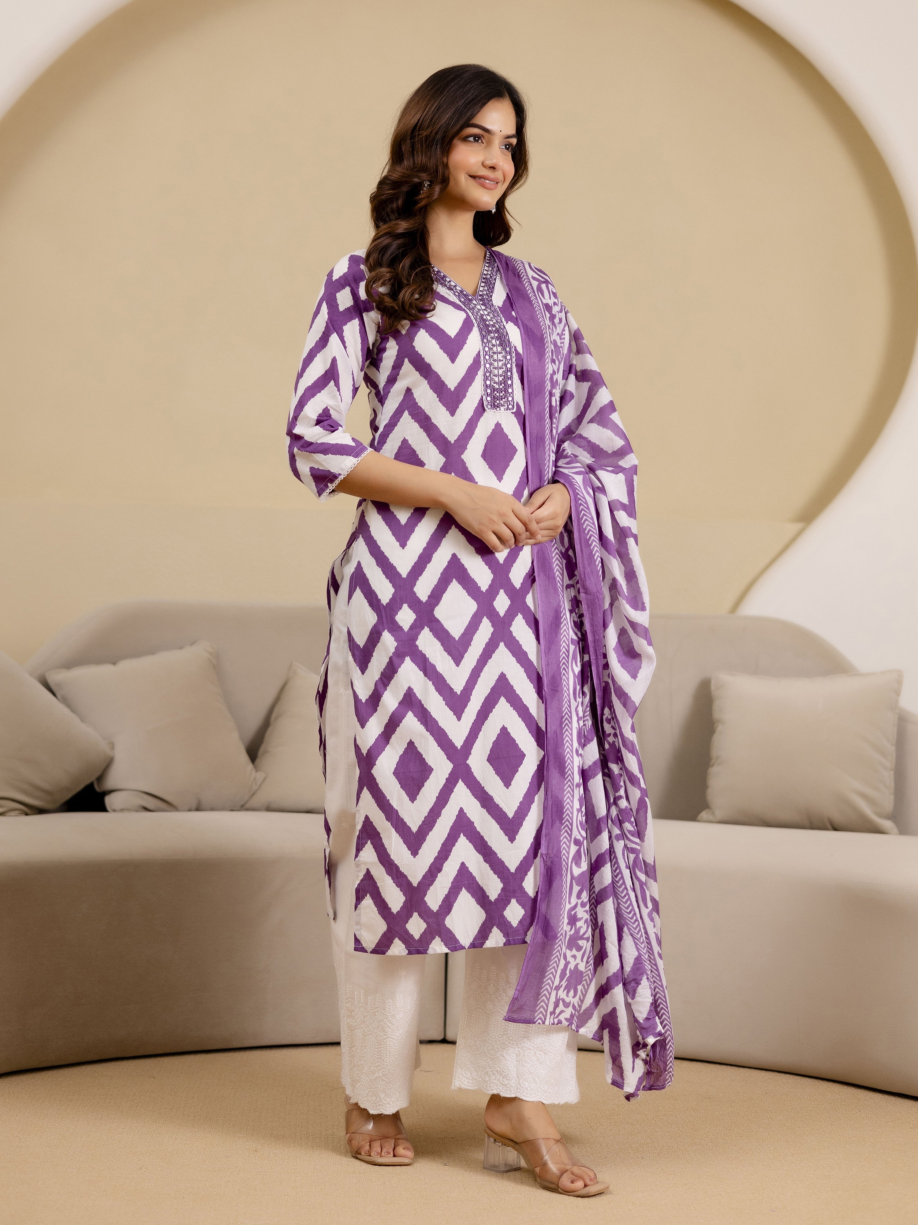 Light Purple Cotton Embroidery Work Kurta Pant Set with Dupatta Salwar Suit Set Trendmalls