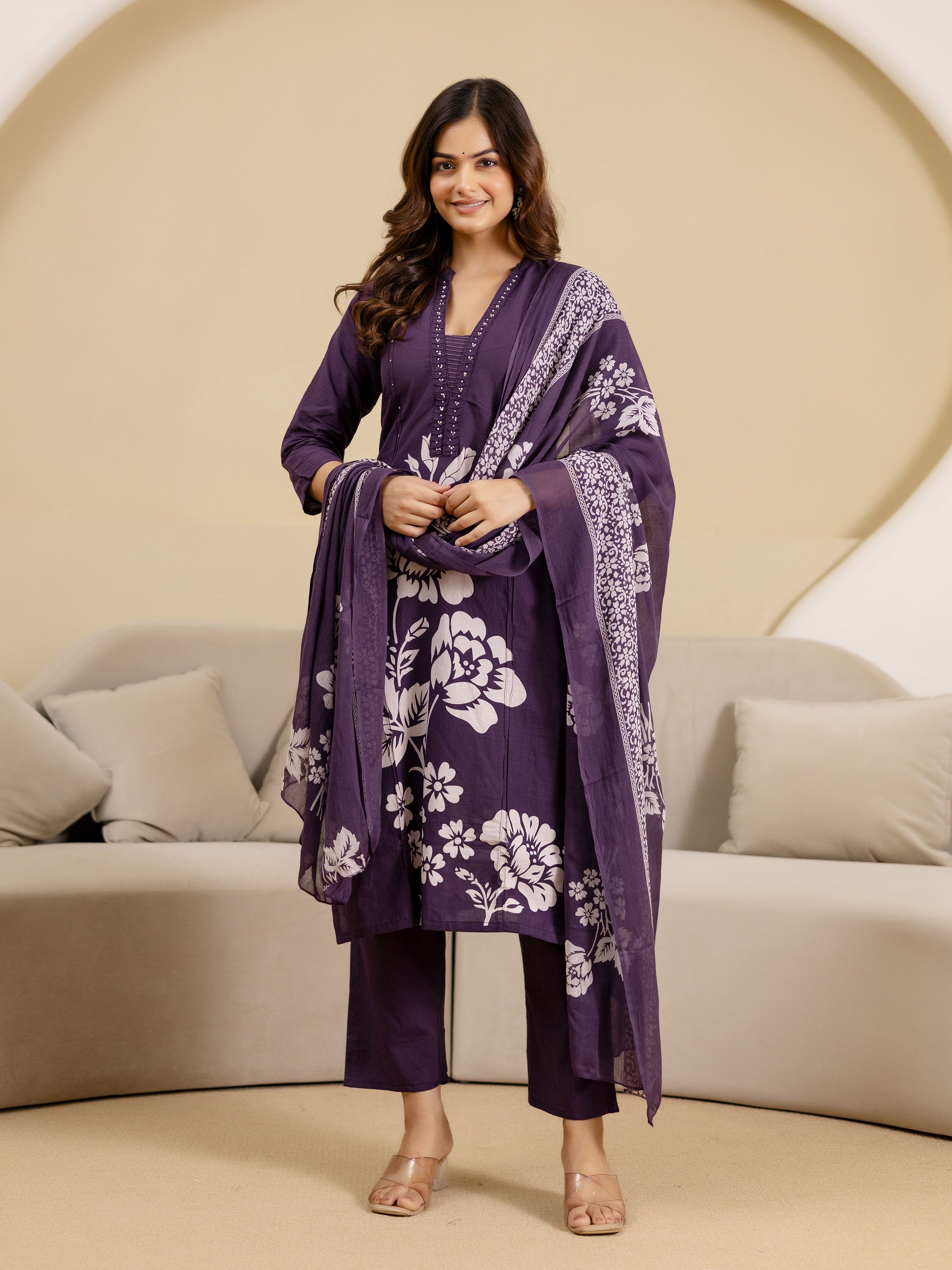 Purple Pure Cotton Bold Floral Print Kurta Pant with Dupatta Set Trendmalls