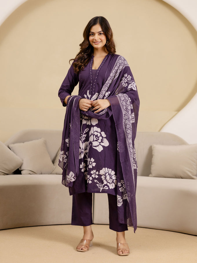 Purple Pure Cotton Bold Floral Print Kurta Pant with Dupatta Set Trendmalls