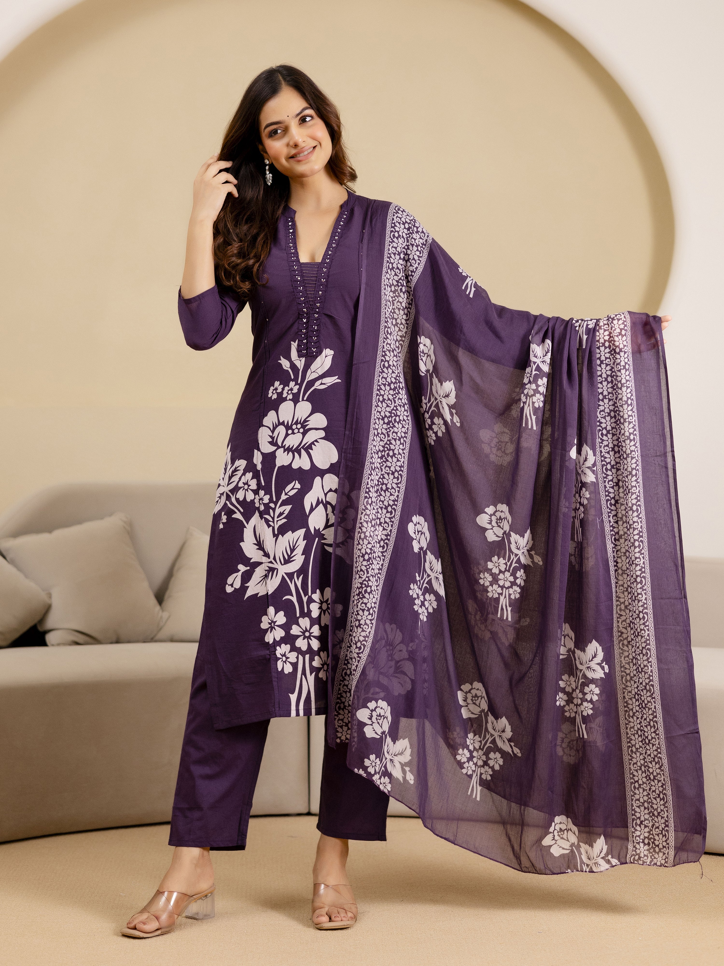 Purple Pure Cotton Bold Floral Print Kurta Pant with Dupatta Set Trendmalls