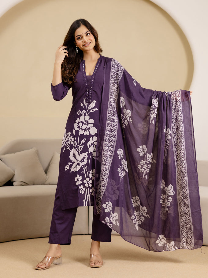 Purple Pure Cotton Bold Floral Print Kurta Pant with Dupatta Set Trendmalls