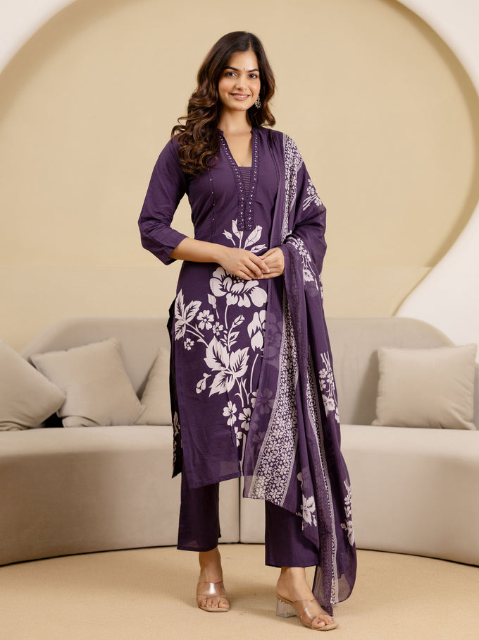 Purple Pure Cotton Bold Floral Print Kurta Pant with Dupatta Set Trendmalls