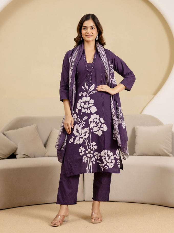 Purple Pure Cotton Bold Floral Print Kurta Pant with Dupatta Set Trendmalls