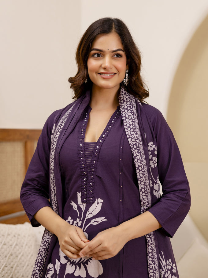 Purple Pure Cotton Bold Floral Print Kurta Pant with Dupatta Set Trendmalls