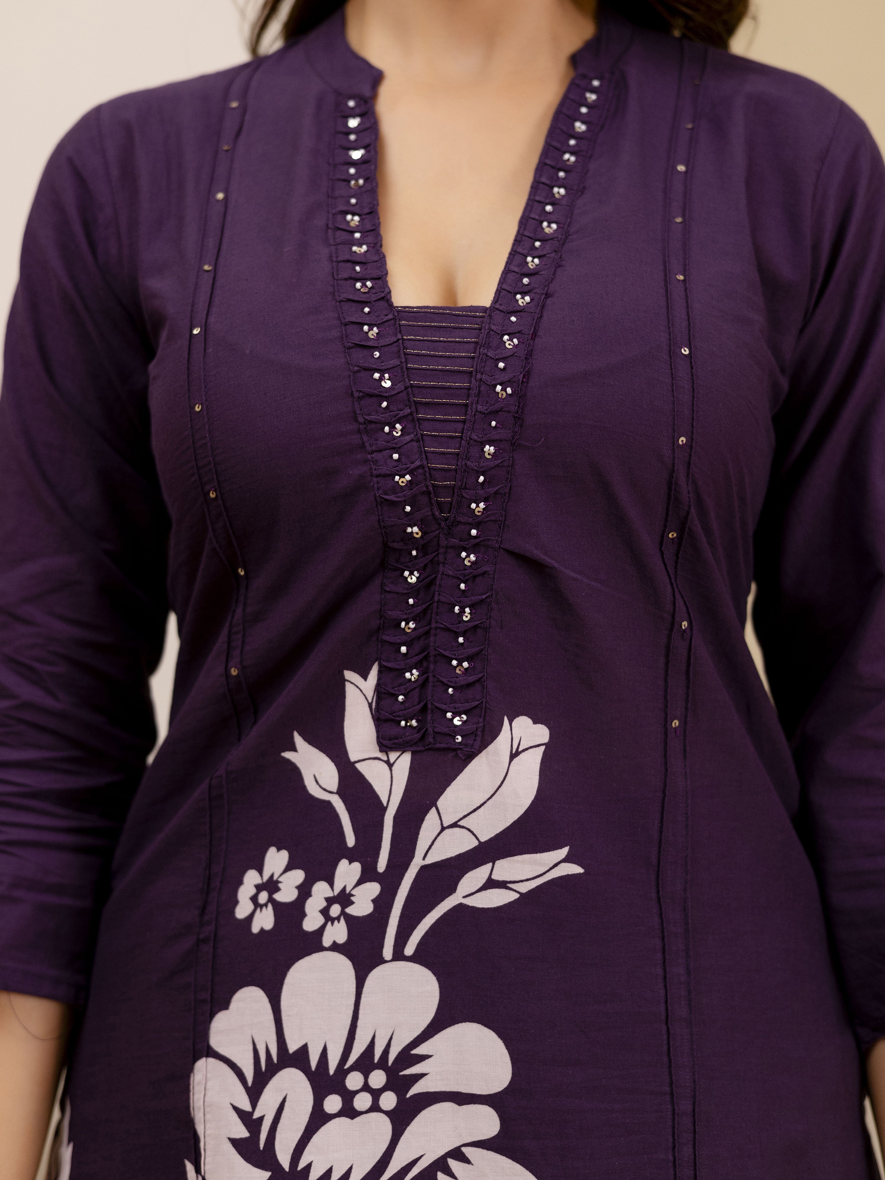 Purple Pure Cotton Bold Floral Print Kurta Pant with Dupatta Set Trendmalls