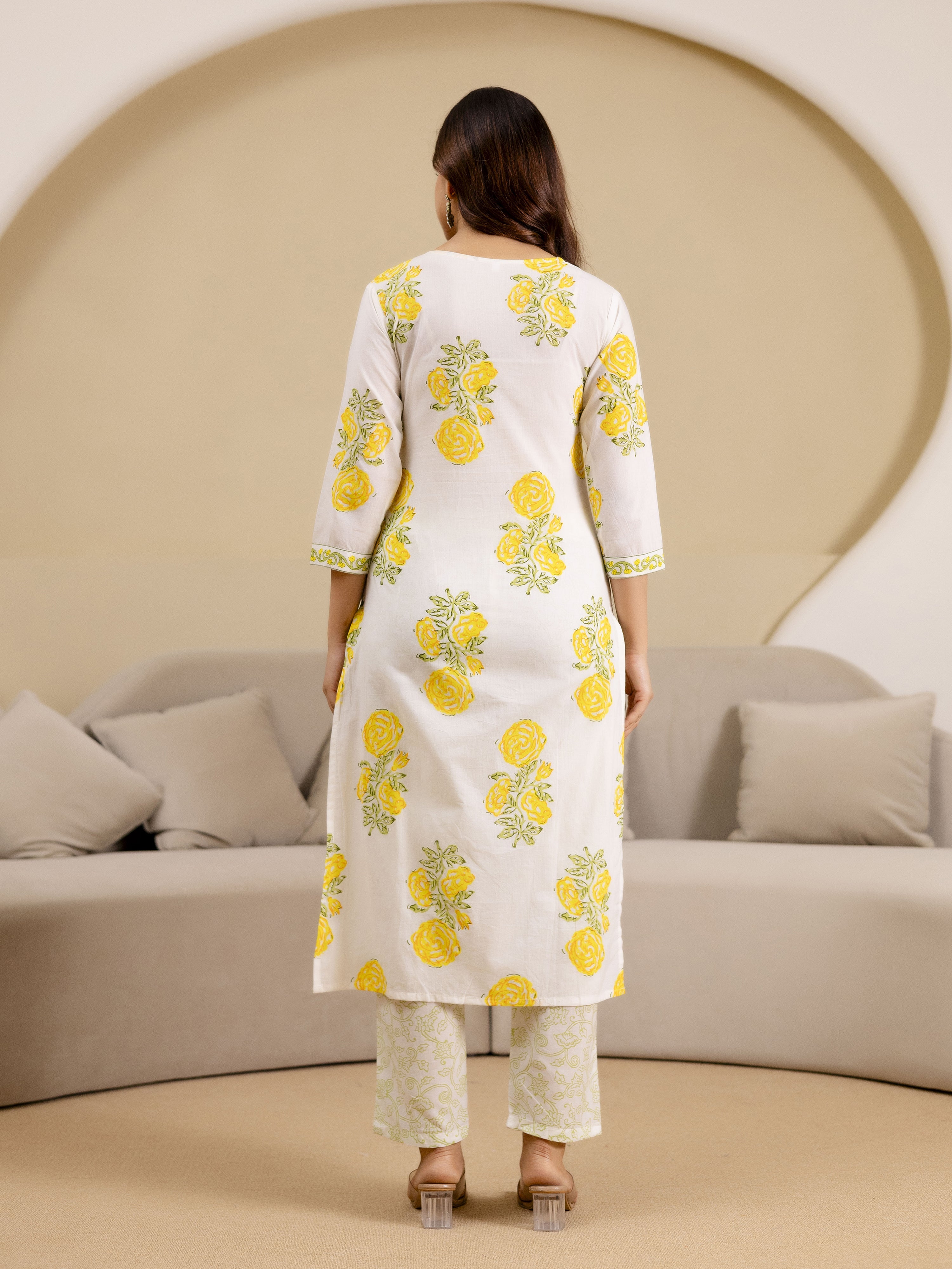 OffWhite Pure Cotton Floral Block Print Kurta Pant with Dupatta Set Trendmalls