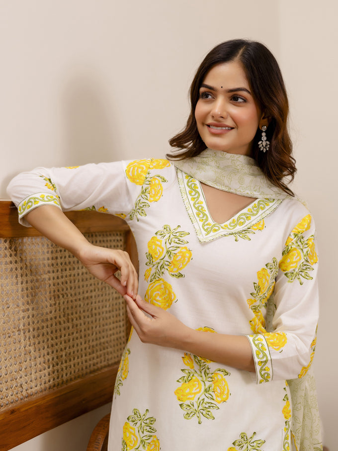 OffWhite Pure Cotton Floral Block Print Kurta Pant with Dupatta Set Trendmalls