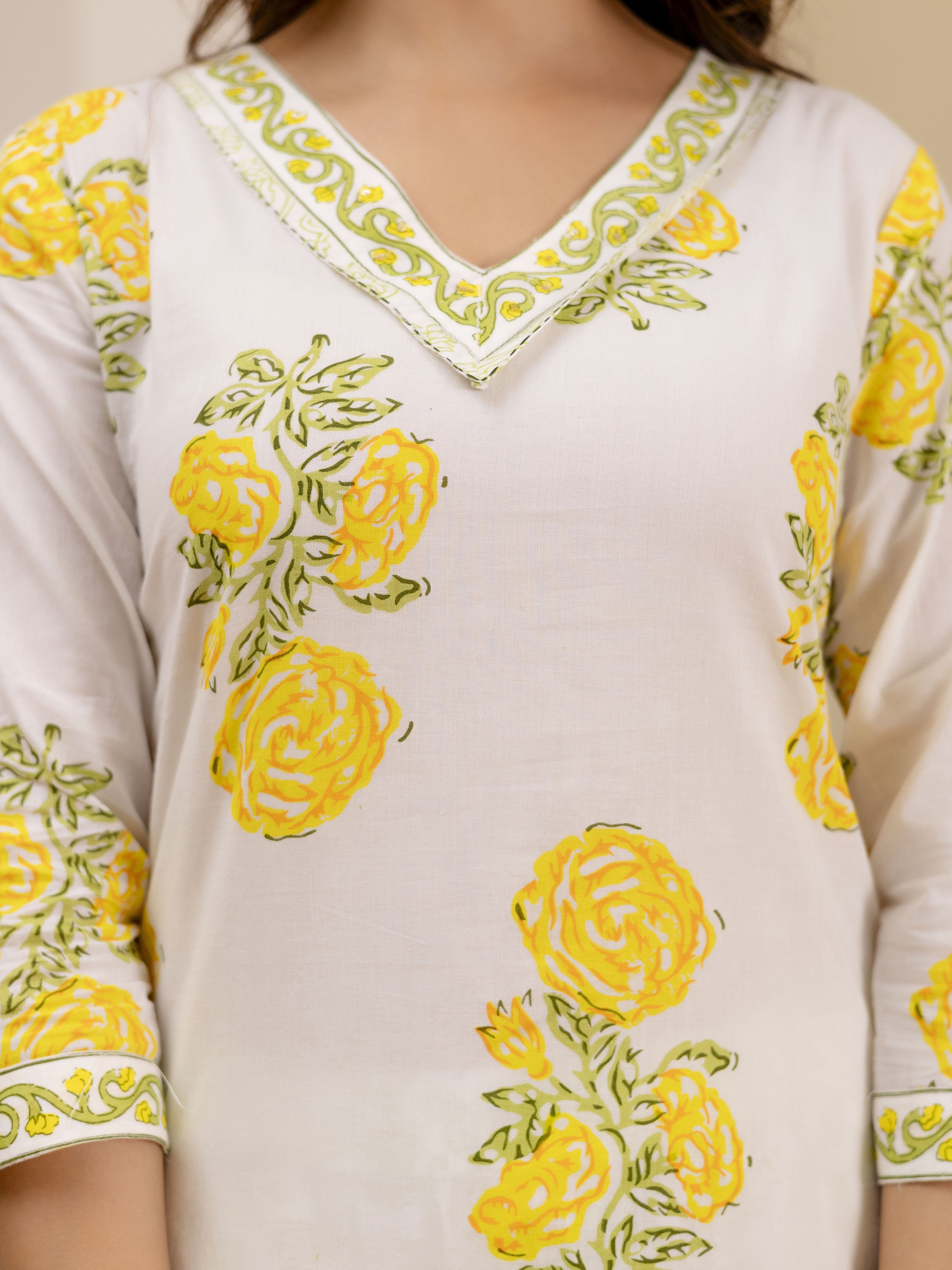 OffWhite Pure Cotton Floral Block Print Kurta Pant with Dupatta Set Trendmalls