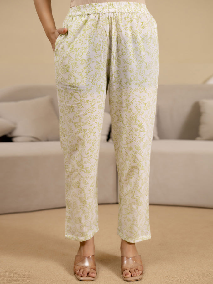 OffWhite Pure Cotton Floral Block Print Kurta Pant with Dupatta Set Trendmalls