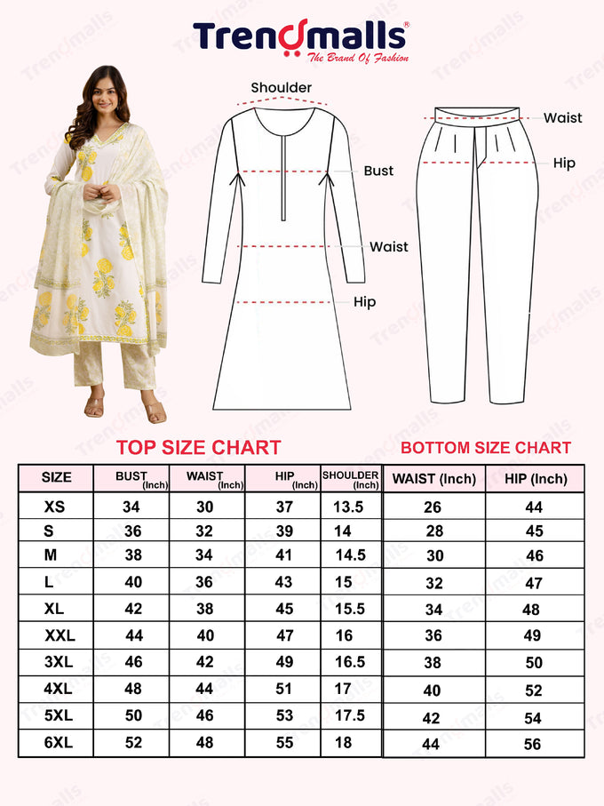 OffWhite Pure Cotton Floral Block Print Kurta Pant with Dupatta Set Trendmalls