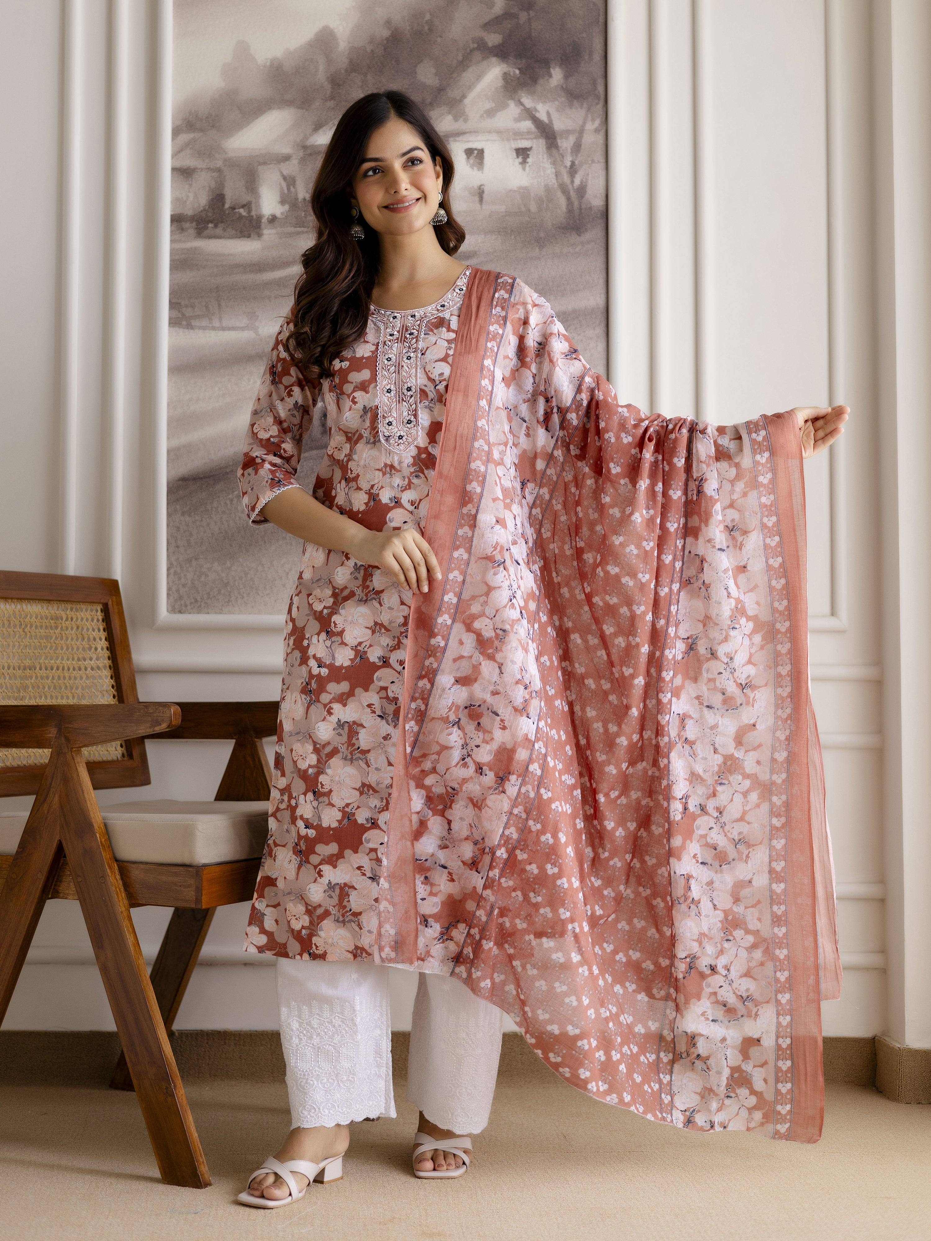 Peach Cotton Embroidery Work Kurta Pant Set with Dupatta Salwar Suit Set Trendmalls