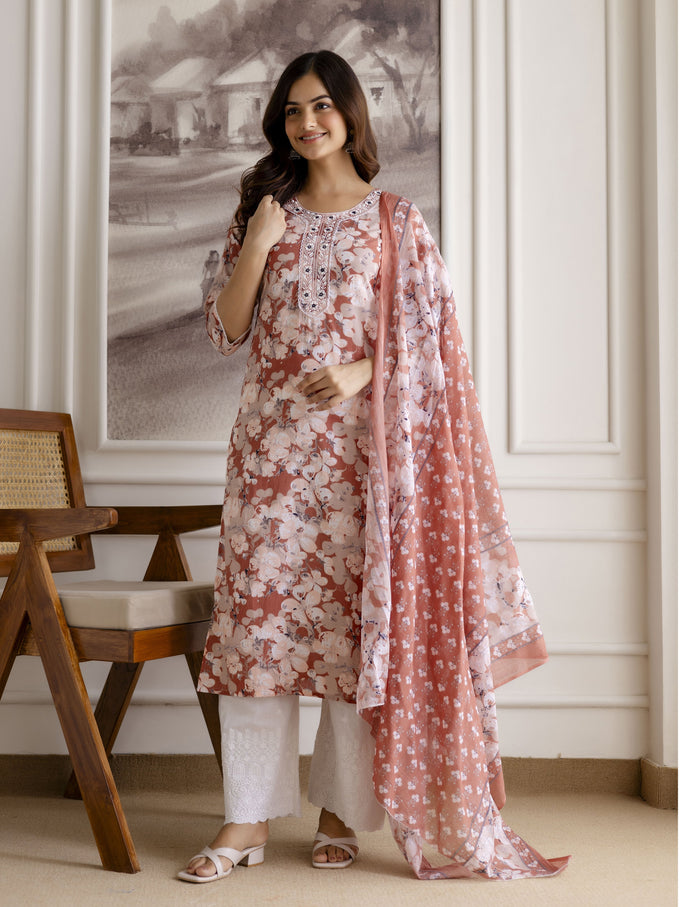 Peach Cotton Embroidery Work Kurta Pant Set with Dupatta Salwar Suit Set Trendmalls