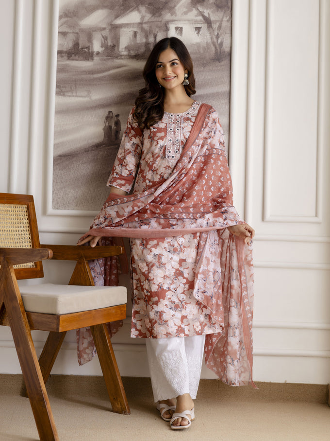 Peach Cotton Embroidery Work Kurta Pant Set with Dupatta Salwar Suit Set Trendmalls